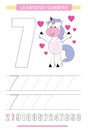 Funny children flashcard number seven. Unicorn with hearts learning to count and to write. Coloring printable worksheet for kinder Royalty Free Stock Photo